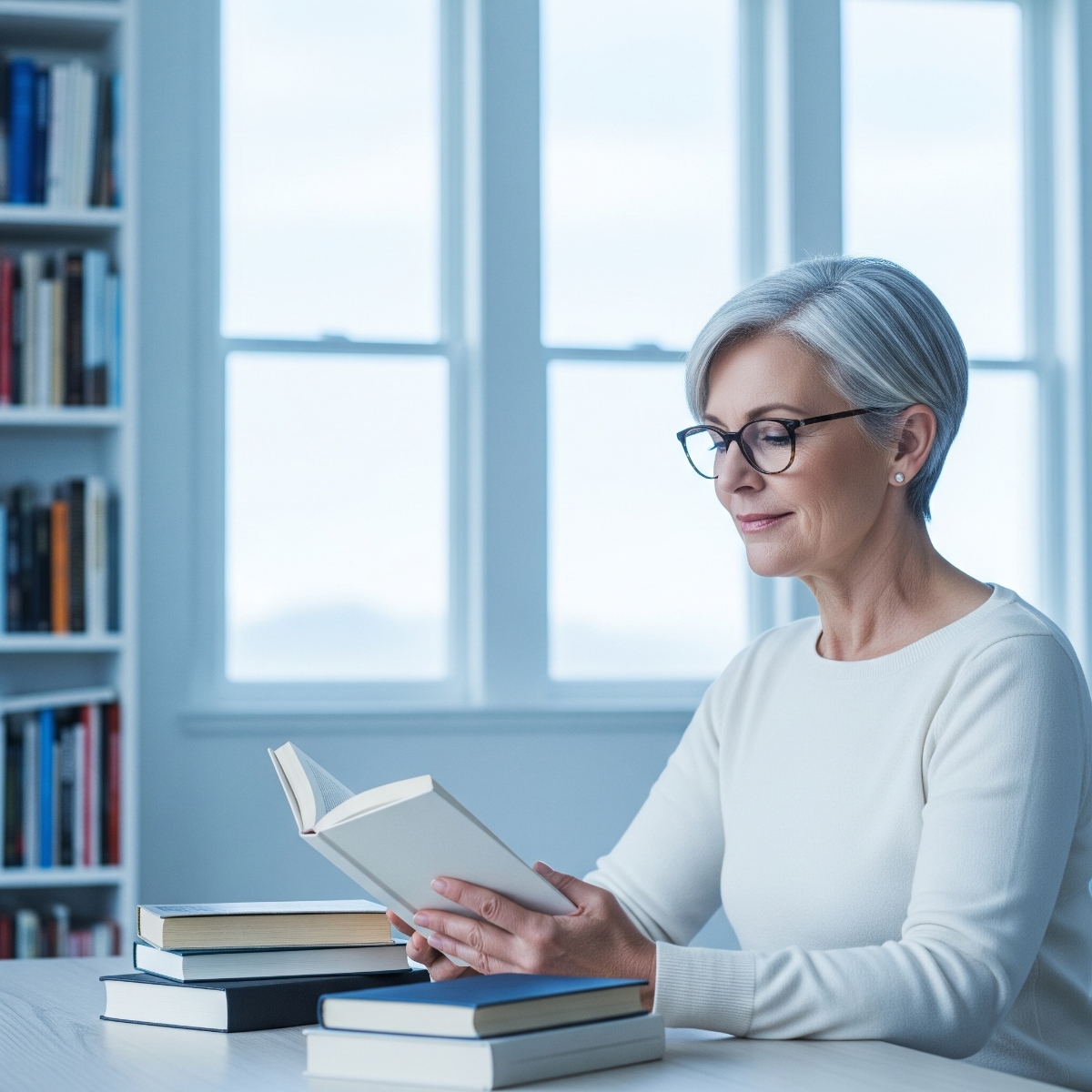 A woman reading a book in a bright, modern library.